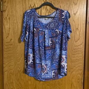 Roz&Ali Large Fun Shirt with open sleeves with ties  Large blues pink and tan